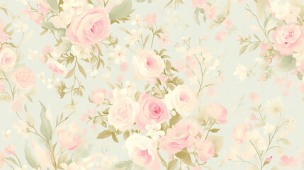 Vintage floral pattern wallpaper in pastel pink and beige roses, pale green leaves, light blue background.