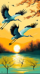 Sunset by the Sea with Birds Flying