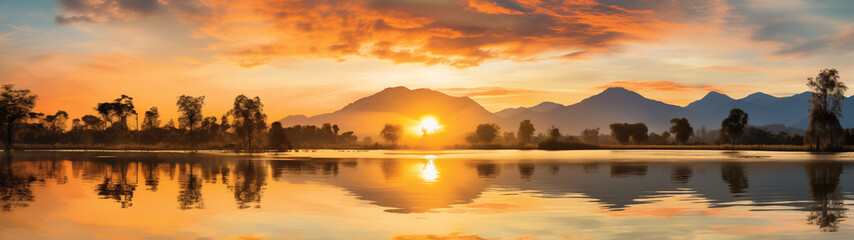 Obraz premium Sunset Silhouetting Trees Against a Mountain Lake Panorama