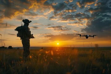 Fototapeta na wymiar military soldier us army launches drone