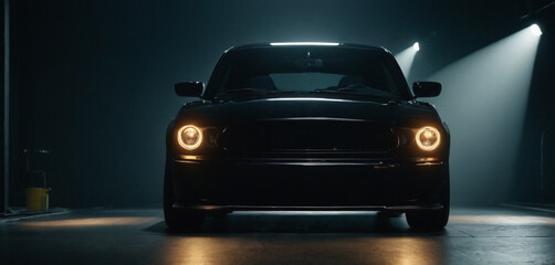 A luxury Black Car stand on a dark background with spotlight  generative AI