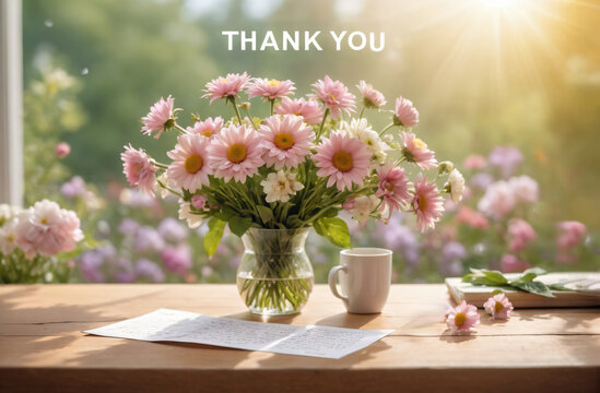 note left on the table with the text "thank you", light sunny background, flowers in the background, postcard, banner