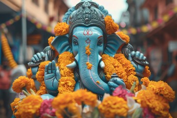 Ganesha blue decorated with yellow flowers