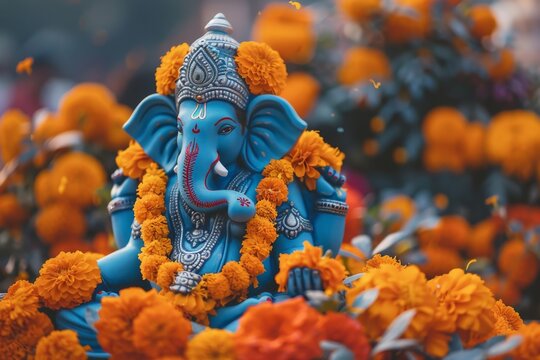 Ganesha blue decorated with yellow flowers