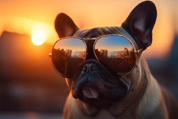 a dog wearing sunglasses with a city reflection in it - obrazy, fototapety, plakaty