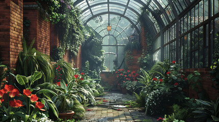 Botanical garden in a old brick old building - obrazy, fototapety, plakaty