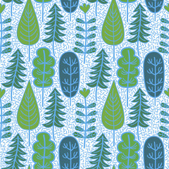 Rain in the forest. Green forest of various trees. Seamless background for fabrics, textiles. Vector illustration