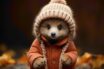 A little brown bear cub wearing a trendy beanie, standing on its hind legs against a warm brown...