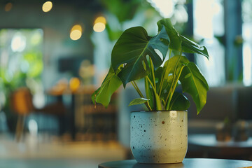 philodendron plant in a ceramic pot interior blurred in the background - obrazy, fototapety, plakaty