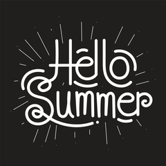 Hello Summer Hand drawn lettering  vector illustration with doodle sun on black background. Handwritten calligraphy design. Brush lettering composition. Phrase Hello Summer. 