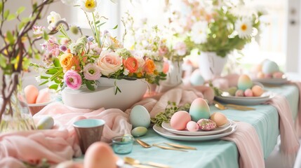 Obraz na płótnie Canvas Delightful Easter-themed centerpieces adorn a table, inviting friends and family to celebrate together.