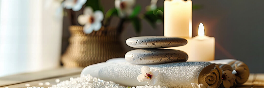 Zen spa atmosphere with pebble and candle arrangement, promoting tranquility and mind-body harmony