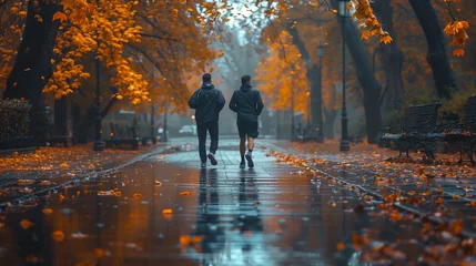 Fototapeten Two men jogging in the autumn park © Roxy1