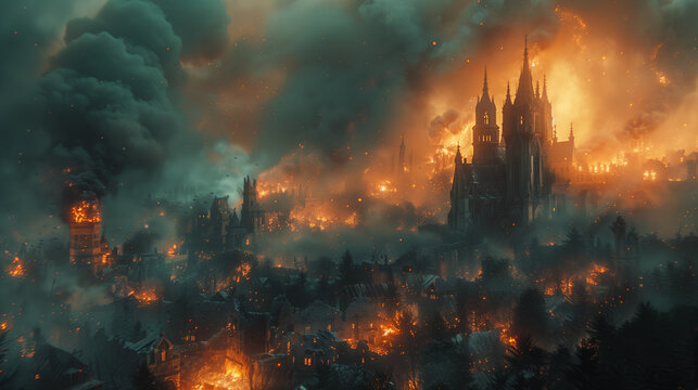 Burning medieval European town
