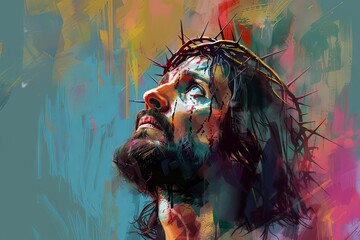 Jesus Christ with a crown of thorns, religious portrait illustration