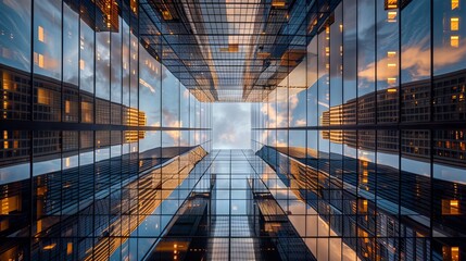 Modern urban marvel: gleaming glass facades of skyscrapers and corporate towers in the business...
