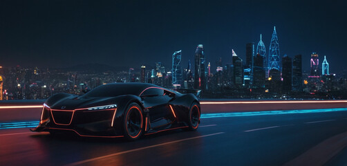 Futuristic sports car with neon glowing shiny luxury cyberpunk city background generative AI 