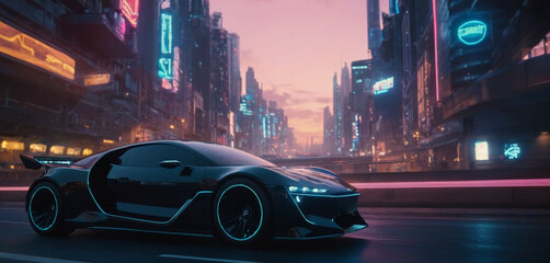 Futuristic sports car with neon glowing shiny luxury cyberpunk city background generative AI 