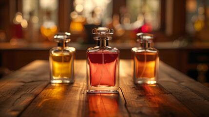 Glass perfume bottles on a table - obrazy, fototapety, plakaty