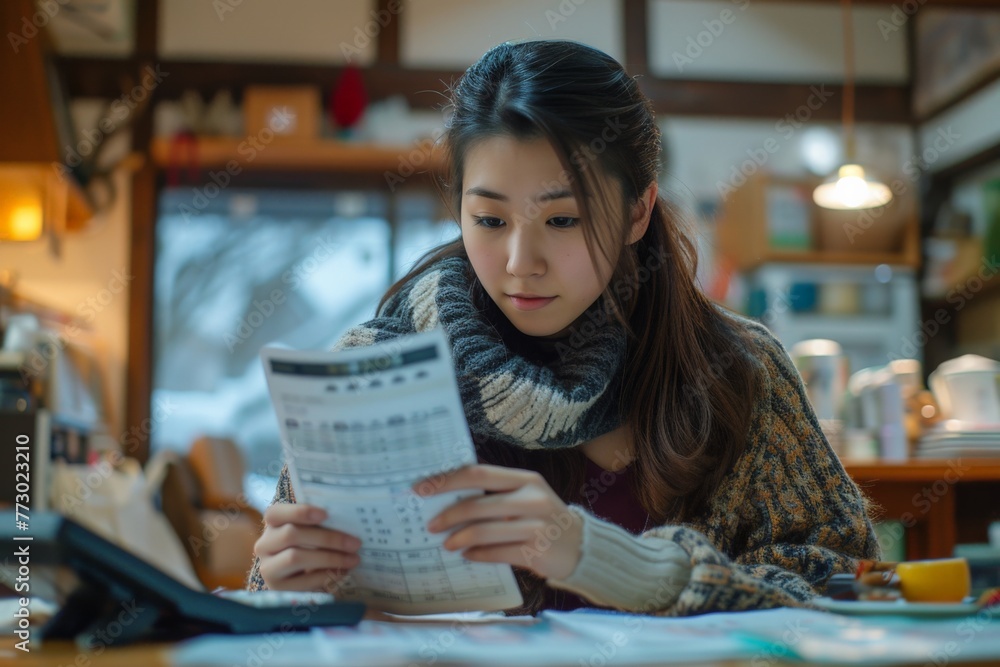 Poster young woman analyzing information on paper while working at computer desk in office setting
