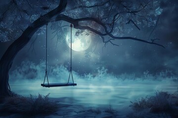 Lonely wooden swing hanging from tree branch in moonlit night, dreamy fantasy landscape digital painting - obrazy, fototapety, plakaty