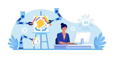 Woman using AI-generated art technology on computer to create stunning works of art. Artificial intelligence generated artwork. Robotic arm create paintings controlled by computer algorithm