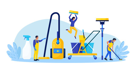 Cleaning service or company. Janitors in uniform with mop and bucket of cleaning agent. Characters dusting, mopping floor and tidying up. Professional hygiene service for domestic households