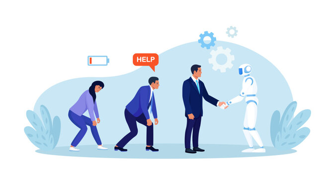 Artificial intelligence handshaking with businessman. Business automation. High productivity AI robot works efficiency. Automation or robotic assistance. Future cooperation, technology advance