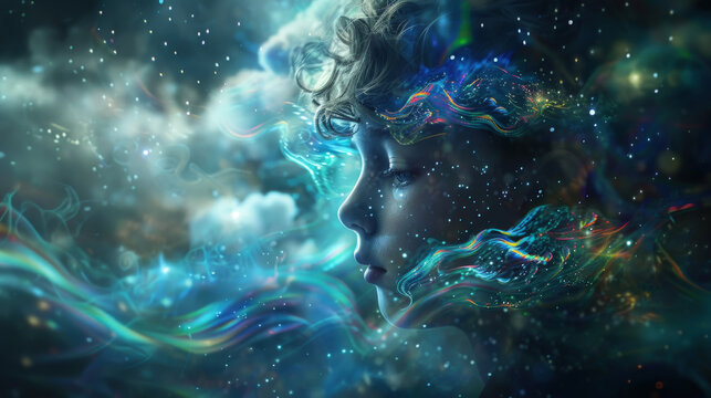 A womans face is visible in the clouds with a sky full of stars twinkling above her