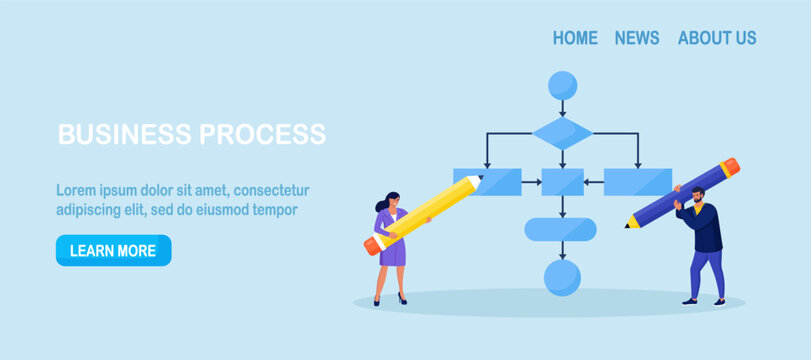 Business people drawing workflow process diagram. Businessmen creating optimization scheme, flowchart to get result. Strategy to implement concept. Strategic planning. Business plan