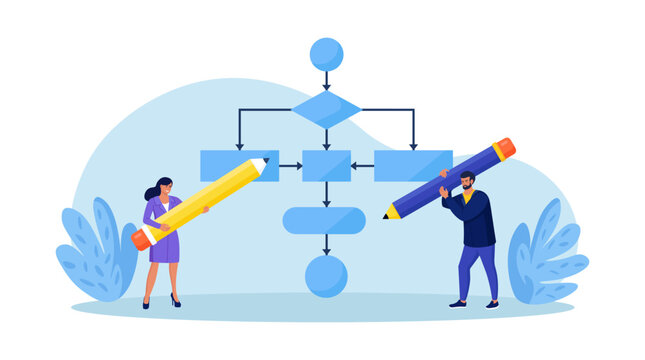 Business people drawing workflow process diagram. Businessmen creating optimization scheme, flowchart to get result. Strategy to implement concept. Strategic planning. Business plan