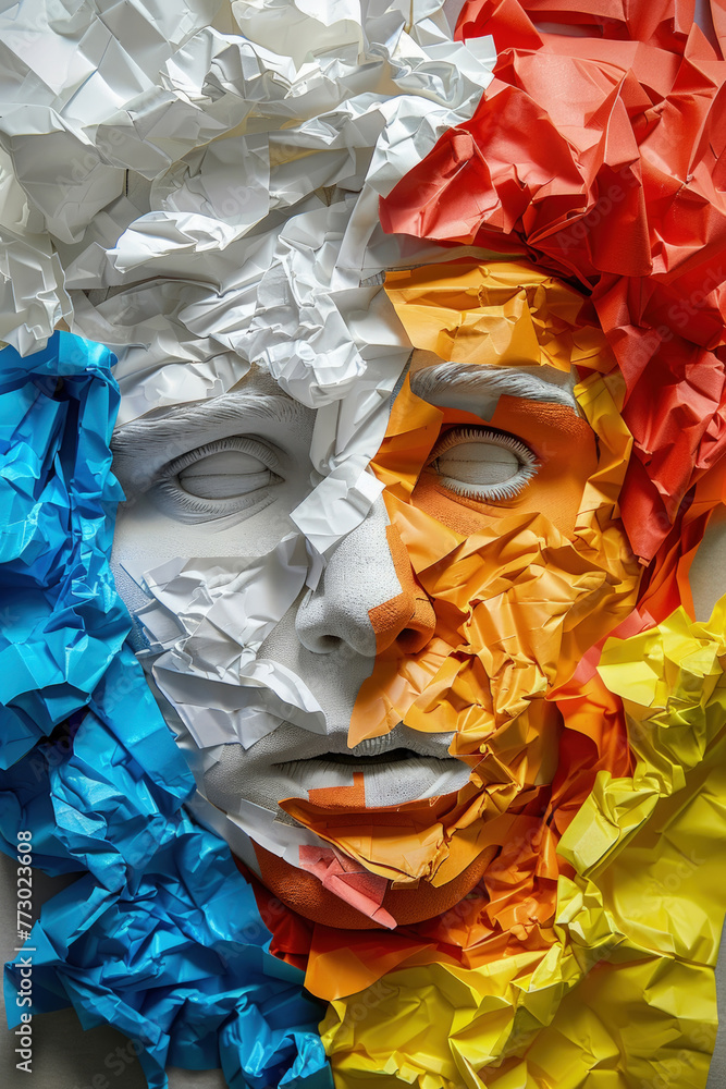 Poster a mans face artfully created using crumpled paper, showing intricate details and textures