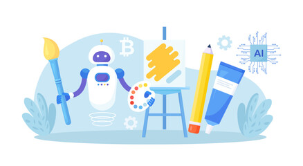 Robot painting creating artwork. Artificial intelligence generating stunning works of art. Robotic technologies in hobbies. AI artist standing and drawing picture with brush