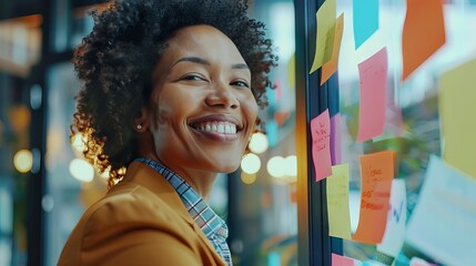 Engaged businesswoman in thoughtful brainstorming session using sticky notes on office glass wall for strategic planning