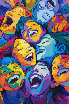 A painting showing a group of individuals gathered together, singing joyfully in unison