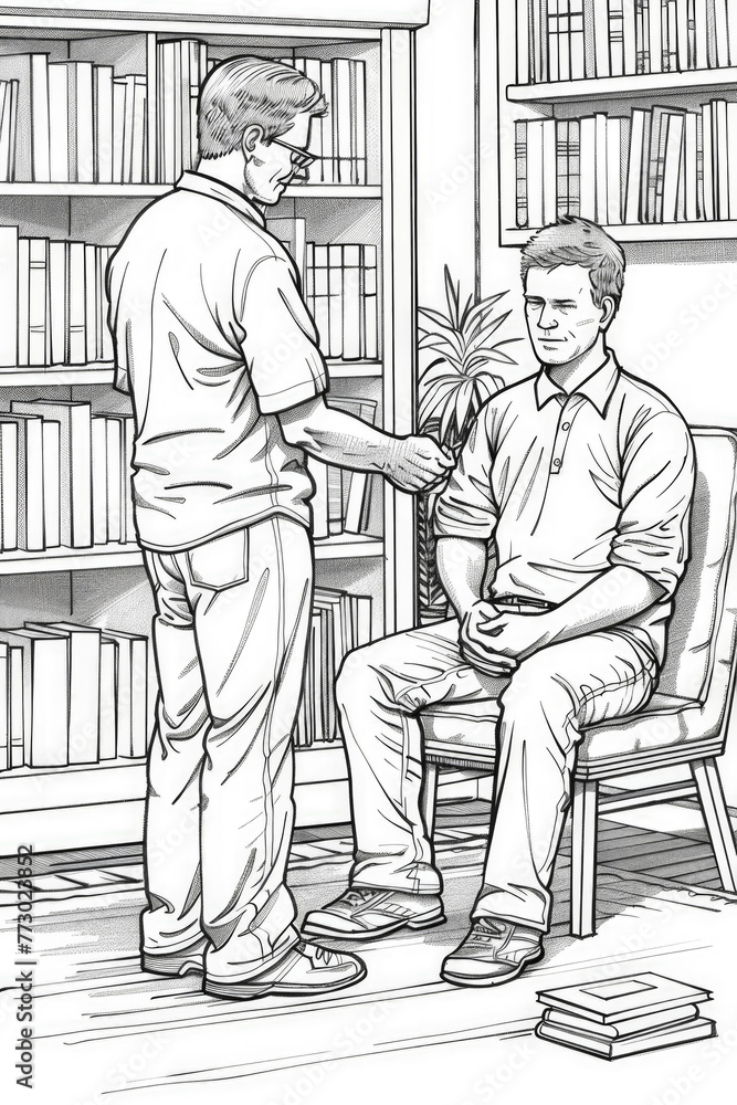 Poster a man sitting in a chair engaging in conversation with another man in a casual setting
