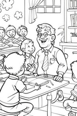 A cheerful teacher interacts with joyful children as they participate in a classroom activity