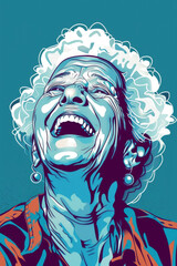 Elderly woman with her mouth wide open in laughter, expressing joy and happiness