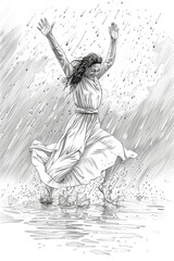 A drawing of a woman joyfully leaping amidst a downpour, raindrops cascading around her as she defies gravity