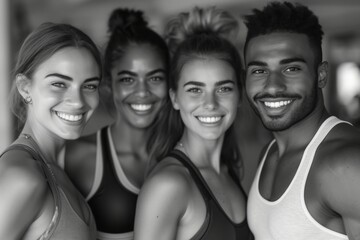 Group of Smiling People in a Gymnasium Enjoying a Workout Session Together and Showing Team Spirit