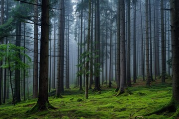 Misty forest landscape with tall trees in Black Forest, Germany, moody panorama - obrazy, fototapety, plakaty