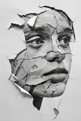 A monochromatic artwork of a persons face viewed through a shattered wall, conveying a sense of emergence or discovery