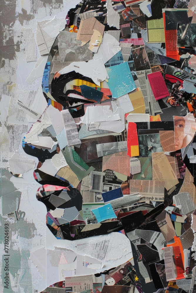 Aufkleber a portrait depicting a mans face created using newspaper pieces, showcasing a unique art form combin