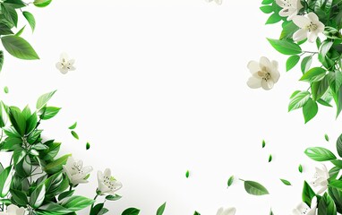 Fototapeta premium White background, green leaves and white flowers flying in the air, simple composition