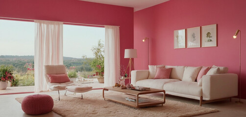 Home interior, living room in pink color, 3d render