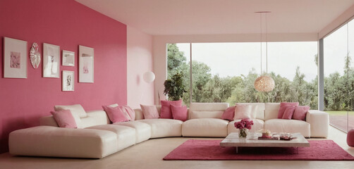 Home interior, living room in pink color, 3d render