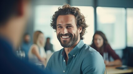 Fototapeta premium Confident Middle-aged Speaker Engaging Audience in Conference Setting