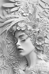 A grayscale relief sculpture captures a womans face surrounded by intricate flower designs