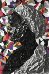A profile of a crumpled foil figure with a mosaic of vibrant shapes in the backdrop