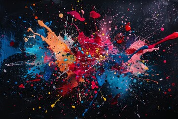 Multicolored paint splatters exploding on black background, abstract artistic design, creative mess, digital art - obrazy, fototapety, plakaty